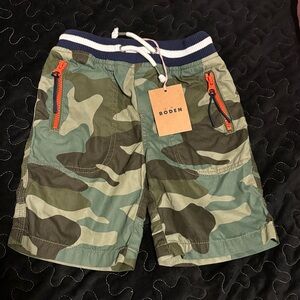 Boys Boded Green Camouflage Shorts with Orange Accents